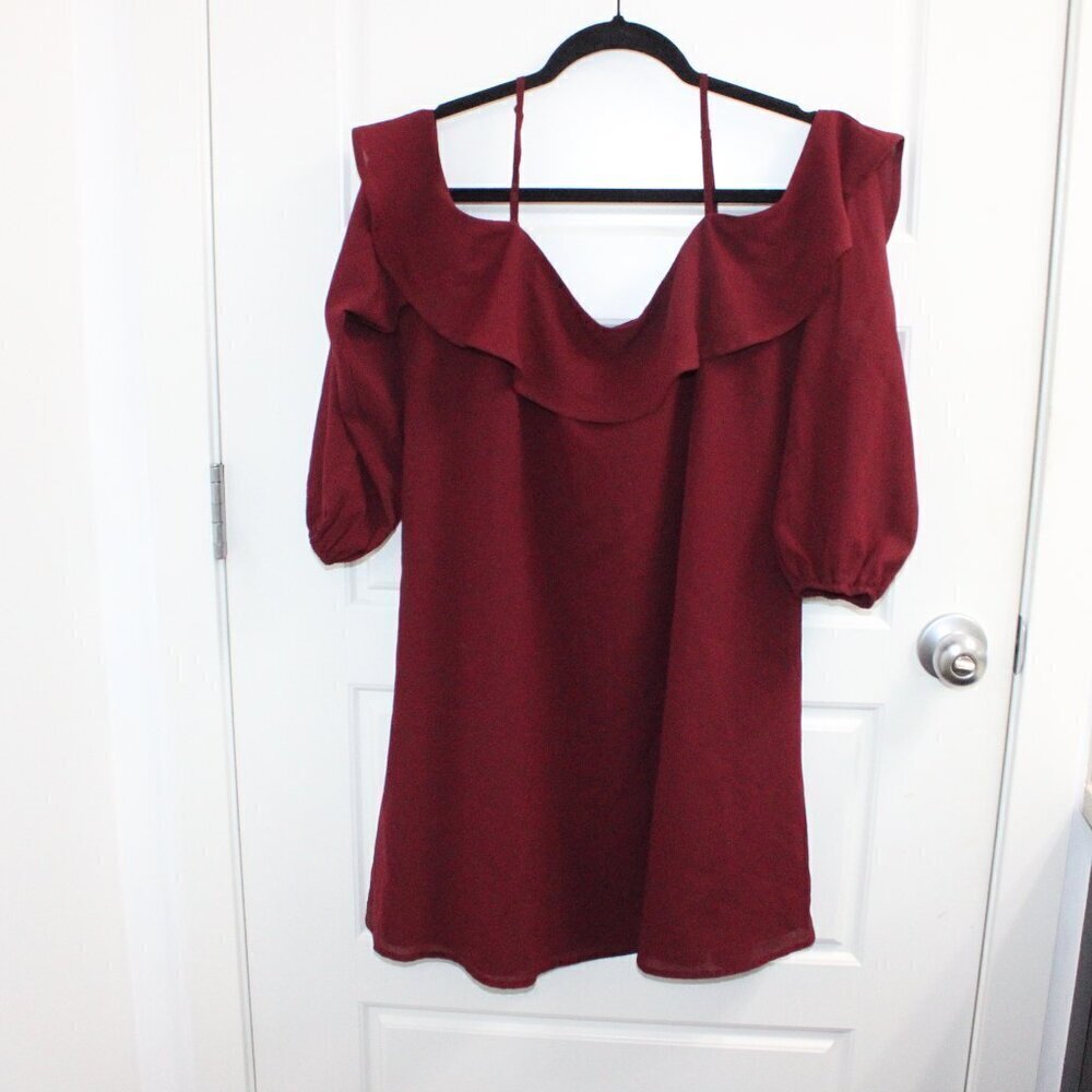 Urban Outfitters Burgundy Cold Shoulder Ruffles Hem Mini Dress Size Small